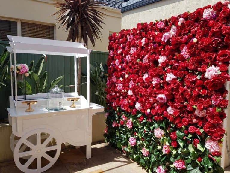 White candy cart and red rose flower wall