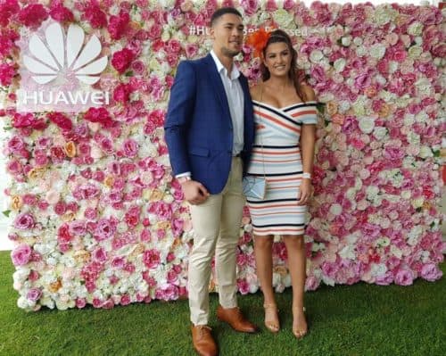 Huawei pink and white flower wall at the Spring racing carnival