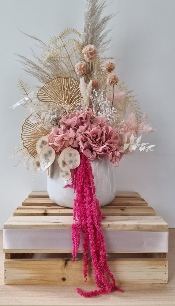 gold pink preserved flower arrangement medium