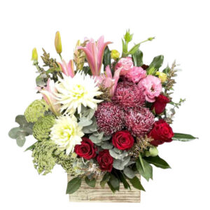 Flower bunch with roses, big beautiful dahlias, oriental lilies, lisianthus, and seasonal chrysanthemums