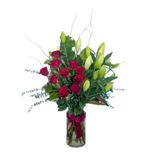 10 Roses and 5 Oriental Lillies. An elegant stunning display of red roses and oriental lillies in a Vase.